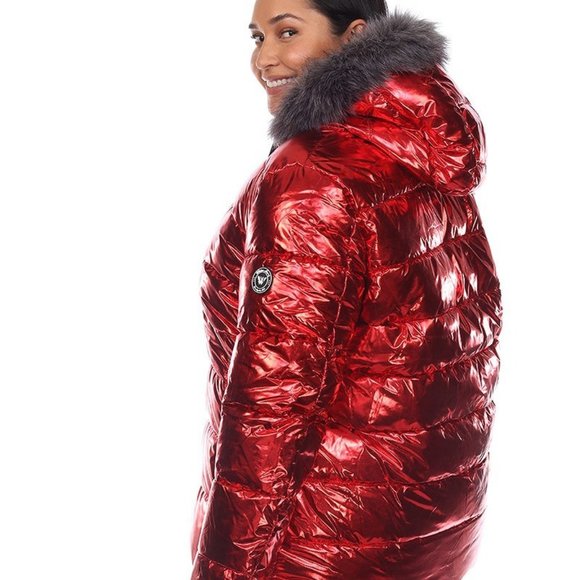 Jackets & Blazers - Plus Size Fall Winter RED Metallic Puffer Coat Zippered BLACK with Hoodie 927